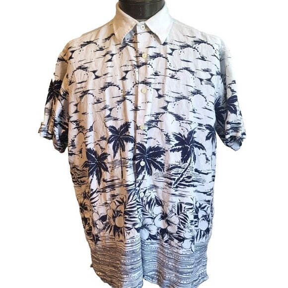 Nautica‎ Hawaiian Shirt Mens Large L White, Blue Short Sleeve Camp Linen Blend - Picture 1 of 12